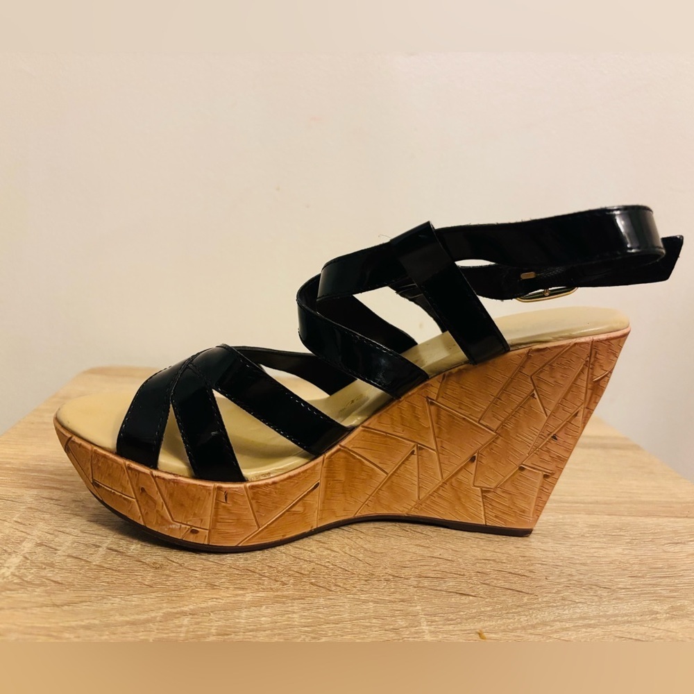Athena Alexander Black and Tan Wedge Sandals